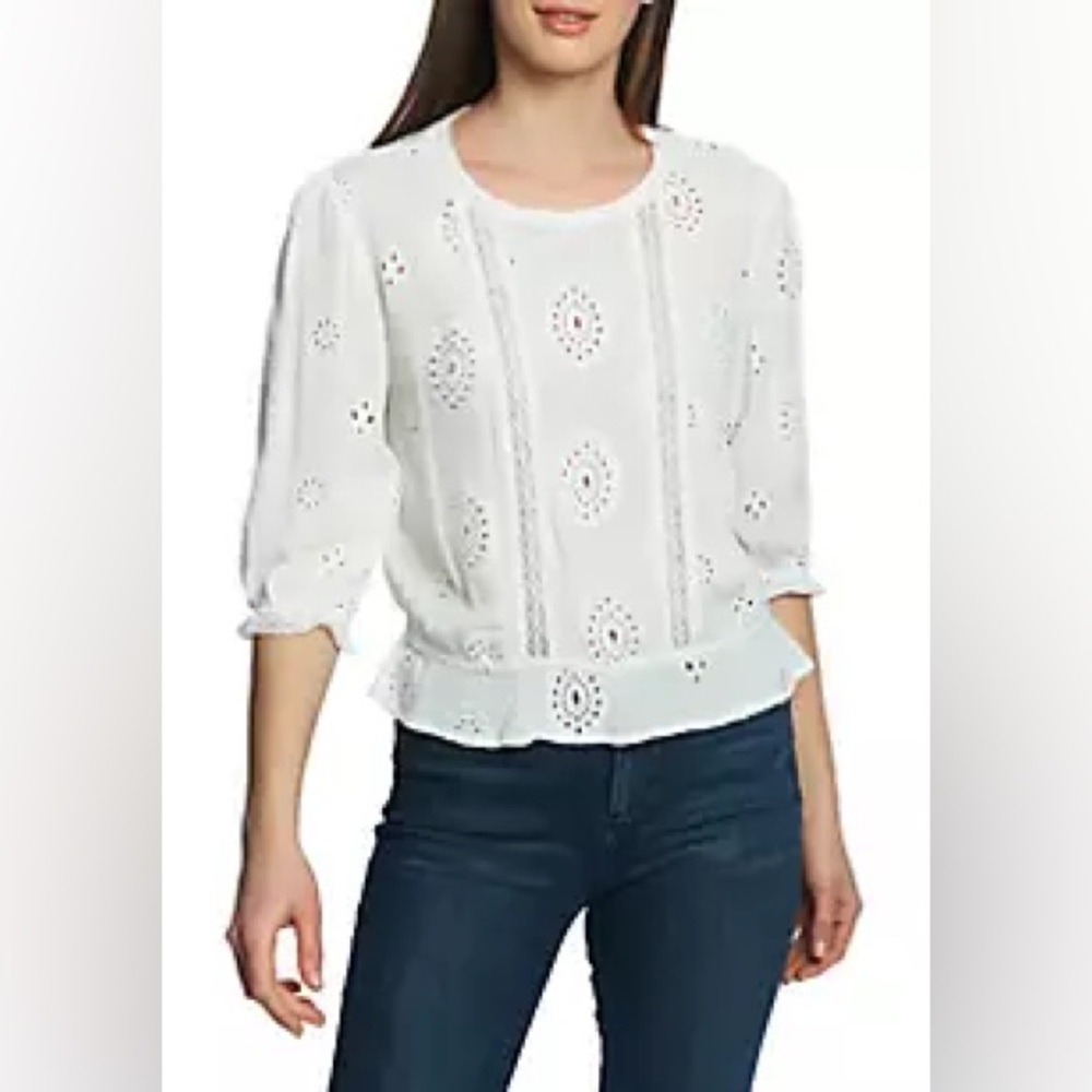 1. State White Eyelet Cool Cotton 3/4 Sleeve Peplum Top Ruffle Hem Boho Blouse M